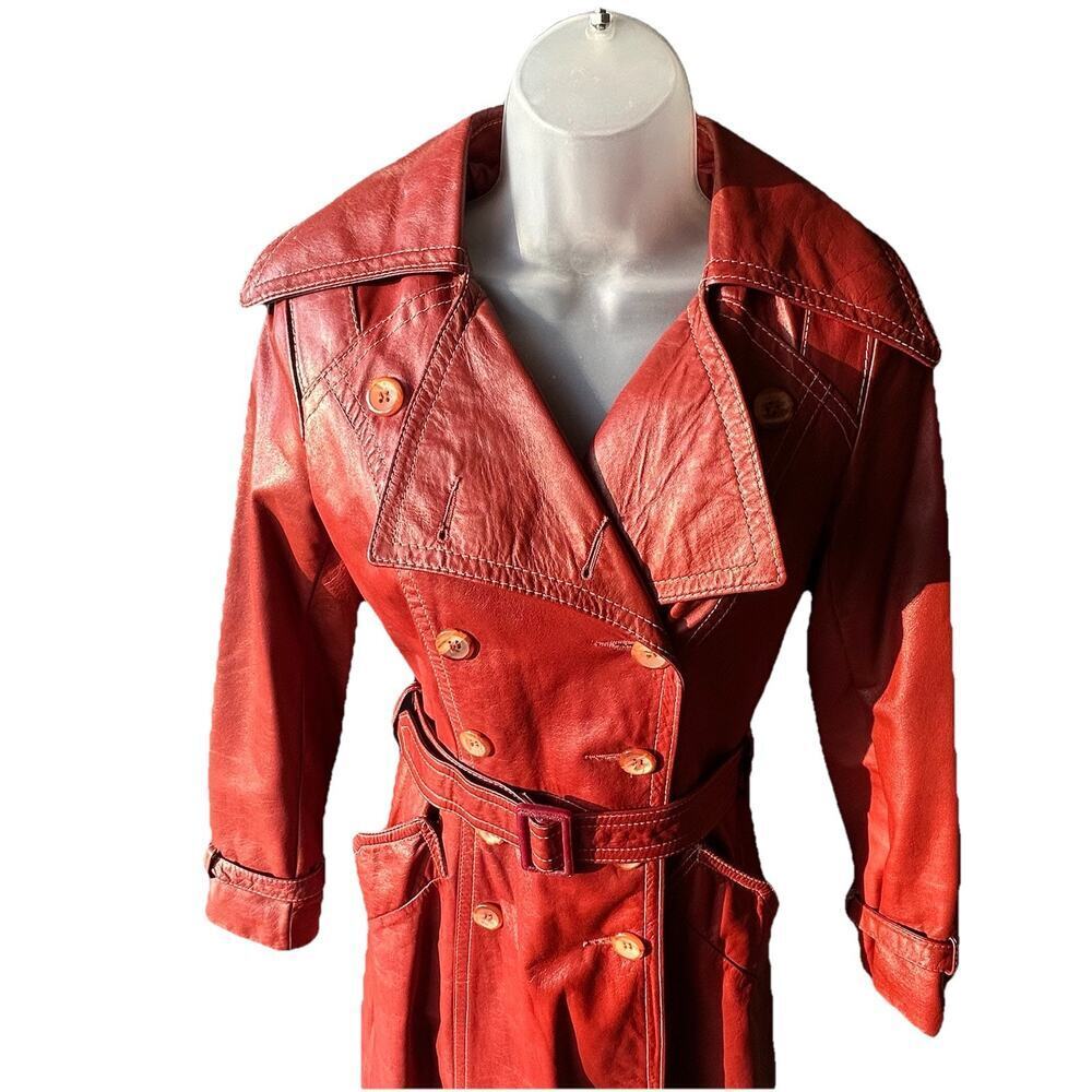 VTG 70s Sears JR Bazaar Leather Trench Coat Women's 7 Rust Red Retro Chic Disco - Picture 6 of 16